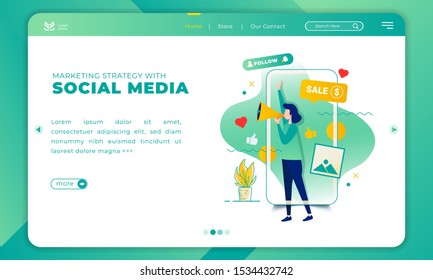 Illustration of marketing strategy with social media on landing page template, Women use speakers to promote on social media