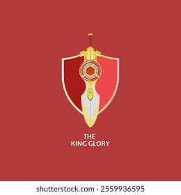 An illustration of a maroon and yellow sword and shield, with the slogan “The King Glory”.