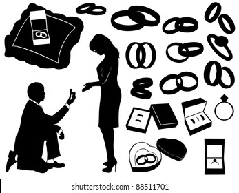 Illustration of a marriage proposal and different objects.