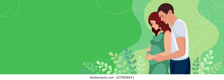 Illustration of a married couple, a man hugs a pregnant woman behind. Horizontal vector banner with a happy couple in love, family