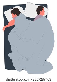 illustration of a married couple sleeping with a blanket facing each other, woman and man sleeping, tired, exhausted. isolated on a white background