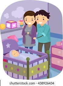 Illustration of a Married Couple Watching Their Baby Sleep