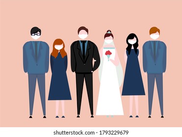 illustration of a married couple and wedding party in formal wear wearing masks during a pandemic.
