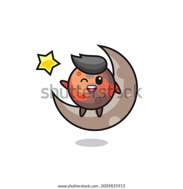 illustration of mars cartoon\
sitting on the half moon , cute style design for t shirt, sticker,\
logo element