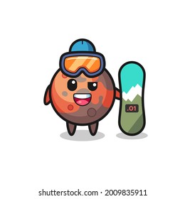 Illustration of mars character with snowboarding style , cute style design for t shirt, sticker, logo element