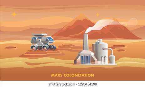Illustration Mars Colonization First Astronaut. Banner Illustration Mountain Landscape Surface Red Planet. Allterrain Vehicle to Move Surface Mars. Life Support Building Settlers Colony