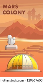 Illustration Mars Colony First Settlers Astronaut. Banner Vector Building Greenhouse for Growing Plants Red Planet. Space Base Background Rosint, Mountain and Silhouette City Colonialist Settler Mars