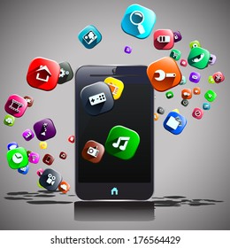 illustration of mart phone and flying around different icons