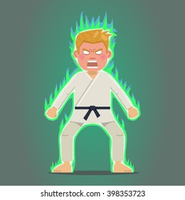 Illustration of a martial artist in rage. Karate, aikido, taekwondo, judo master. Man concentrating powerful energy. Anger emotion, emoticon. Flat style vector illustration