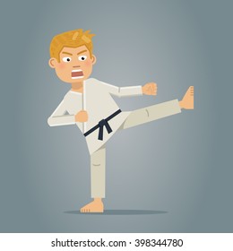 Illustration of a martial artist showing kick. Karate, judo, taekwondo master. Flat style vector illustration