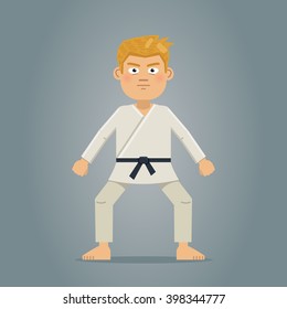 Illustration of a martial artist in white kimono showing battle stance. Karate, judo, aikido, taekwondo master. Flat style vector illustration