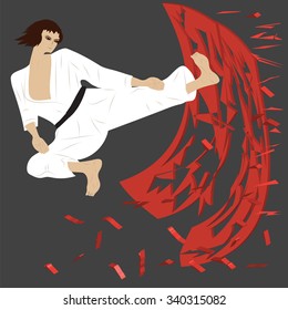 illustration of martial arts warrior man karate kimono leg splits a red bar vector dark background