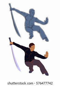 illustration of martial athletes with sword, color drawing, white background