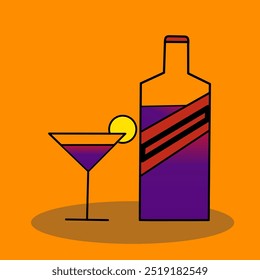 Illustration of a martini glass cocktail drink with a yellow orange slice garnish on the edge of the glass and next to it is the bottle of the drink.