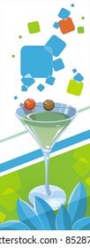 Illustration martini glass with olive. Abstract Elegance food background.