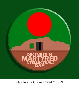 Illustration of Martyrs Intellectuals Memorial with Bangladesh flag and bold text in circle pin badge to commemorate Martyred Intellectuals Day on December 14 in Bangladesh