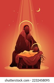 An illustration of Mary and baby Jesus in the manger. Christmas theme. Biblical series