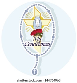 illustration of Mary, the cross and rosary condolences with text framed with a blue circle and white background.