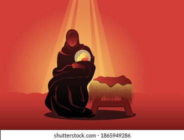 An Illustration Of Mary Holding Baby Jesus. Christmas Theme. Biblical Series