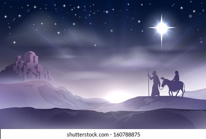 An illustration of Mary and Joseph in the dessert with a donkey on Christmas Eve searching for a place to stay. Bethlehem city in the background. Nativity story illustration.