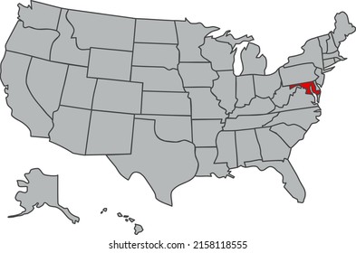 Illustration of Maryland State. Vector map of the USA in gray color. Contours of the United States of America. Territory of the US isolated in red. Economy, geography, web, print, article, news