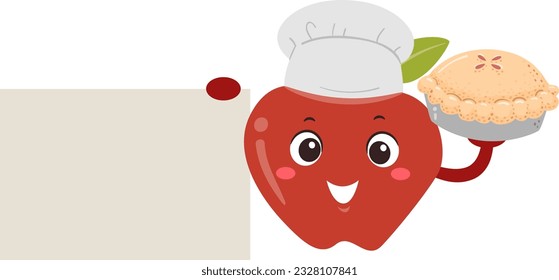 Illustration of Mascot Apple Wearing Chef Toque Blanche Holding Apple Pie and Blank Board