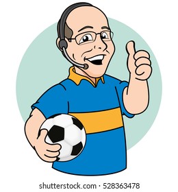 Illustration mascot bald person, commentary or sports narrator of football. Ideal for promotional or institutional materials