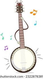 Ilustración del instrumento musical Mascot Banjo con letras de juego con notas musicales