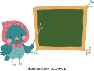 Illustration of Mascot Bird Wearing Head Scarf Holding Stick Pointing to Black Board