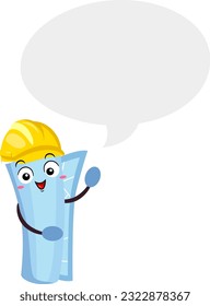 Illustration of Mascot Blue Print Wearing Yellow Construction Hard Hat with Blank Speech Bubble