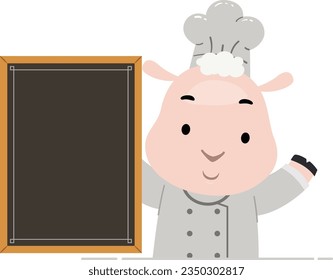 Illustration of Mascot Chef Wearing Coat and Toque Blanche Holding Blank Menu Board