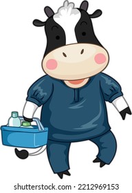 Illustration Of Mascot Cow Veterinarian Holding Basket With Medicine Bottles In Farm Petting Zoo