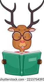 Illustration of Mascot Deer Student Wearing Eyeglasses And Reading a Book
