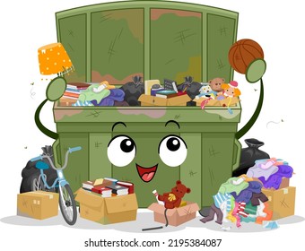 Illustration of Mascot Dumpster Diving Like Bicycle, Lampshade, Chair, Books, Toys, Bags and Clothes