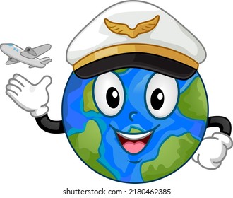 Illustration of Mascot Earth Wearing Pilot Cap with Airplane Flying