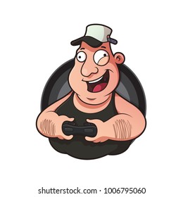 Illustration mascot fat man holding joystick half body
