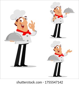 Illustration Mascot Happy Chef Cartoon Vector With 3 Poses ( giving bon appetitte gesture, holding platter and welcoming or serving gesture )