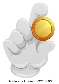 Illustration of a Mascot Holding a Piece of Golden Coin