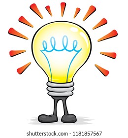 Illustration of mascot lighted bulb, representing a brilliant idea, insight and creativity. Ideal for catalogs, information and institutional material