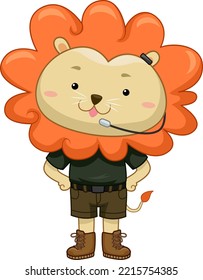 Ilustración de la máquina o guía de león mascota con micrófono en un zoológico de Petting o Safari hablando