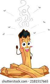 Illustration of Mascot Palo Santo Stick Burning with Smoke and Insects Flying Above It. Use as Insect Repellent