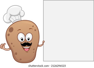 Illustration of Mascot Potato Chef Wearing Toque Blanche Holding Blank Board and Showing Ok Sign