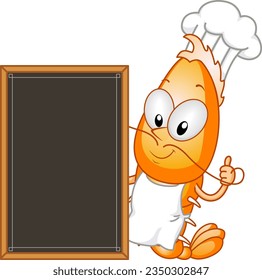 Illustration of Mascot Shrimp Chef Wearing Apron and Toque Blanche Holding Blank Menu Board