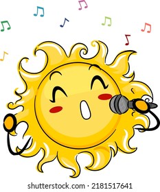 Illustration of Mascot Sun Holding Microphone and Singing with Floating Musical Notes