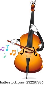 Illustration of Mascot Upright Bass Instrument Holding a Bow Playing with Music Notes