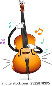 Illustration of Mascot Upright Bass String Instrument Playing with Music Notes