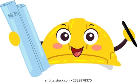 Illustration of Mascot Yellow Construction Hard Hat Holding Blue Prints and a Pen