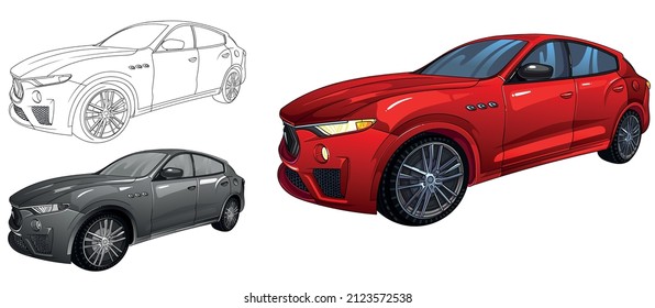 Illustration of Maserati sport car. Easy to use, editable and layered. Vector detailed muscle car isolated on white background, sketch automobile.