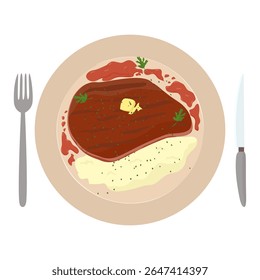 illustration of mashed potatoes with roasted cutlet and sauce.