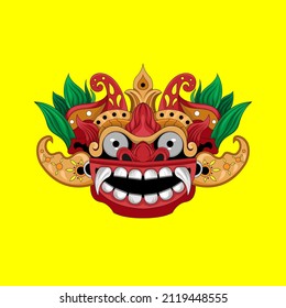 illustration mask Culture Barong Traditional Balinese isolated yellow background. Design good for apparel and tshirt.